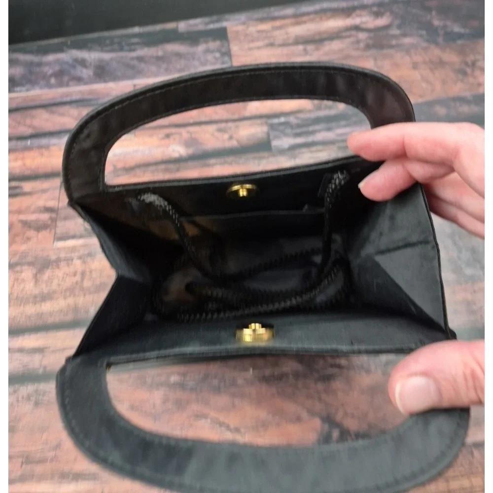 Black Satin Evening Bag Gold Bling Rope Strap Foldable Purse Wedding Prom Travel